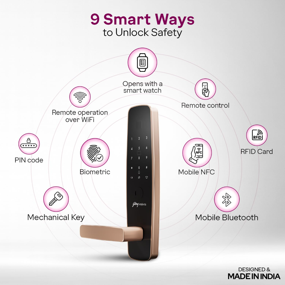 Godrej Smart Lock | Made in India Digital Lock for Main Door I Advanced & Highly Secure|9 in 1 Access|NFC,Smart Watch,BLE Remote,Wi-Fi,Fingerprint | Rose Gold I 3Yr Warranty 